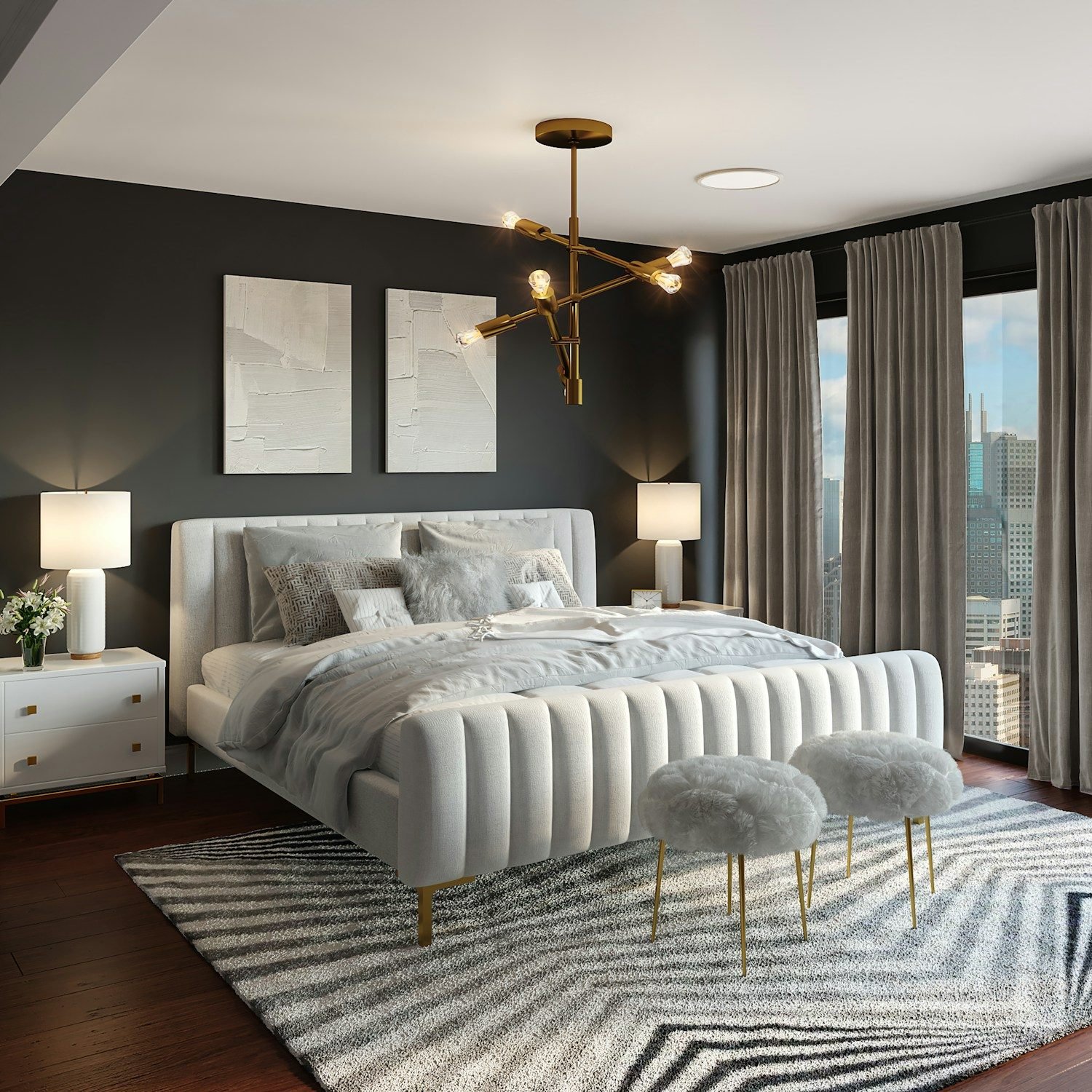 Bedroom with layered neutral bedding