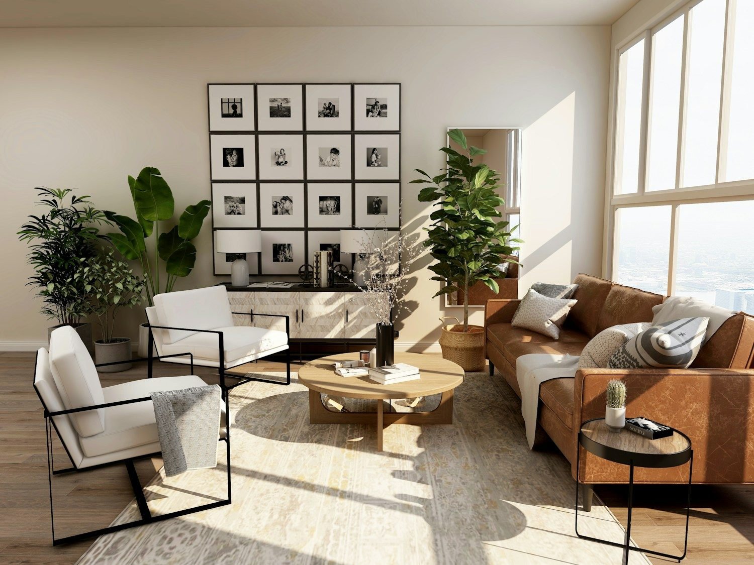 Warm neutral living room with a sofa and natural textures
